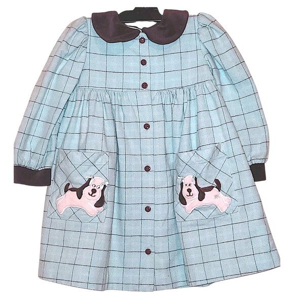 Rebecca Raggs Original Vintage Dogs Plaid Button Front Girls Dress size … - Picture 1 of 4